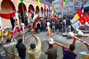 Deity Sevaks Blowing Trumphets to Honor Raj Madhav